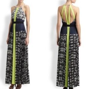 BCBGMaxAzaria Constantine Backless Pleated Black/Lime  Halter Maxi- Size S
